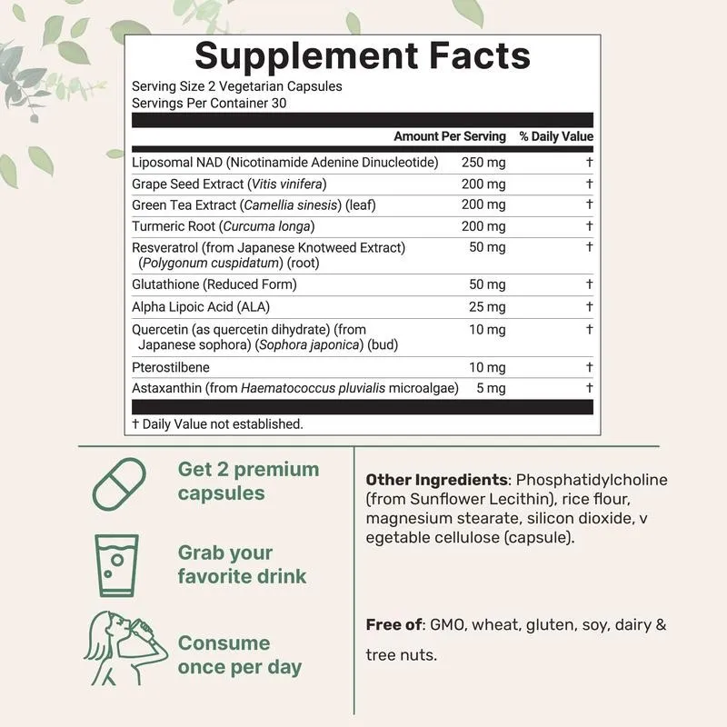 Liposomal NAD - Contains Resveratrol, Glutathione and Astaxanthin To Fight Aging, Boost Energy and Promote Brain Development