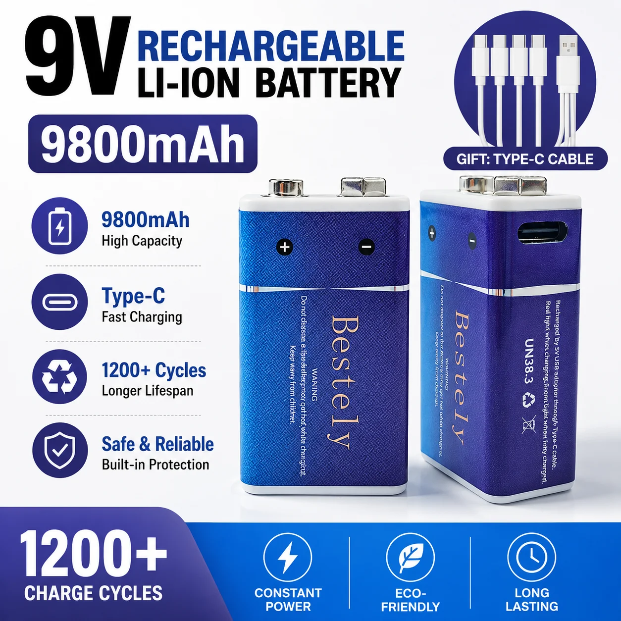 Rechargeable 9V Li-ion Battery 9800mAh USB Charger for Smoke Detector Alarm Microphone