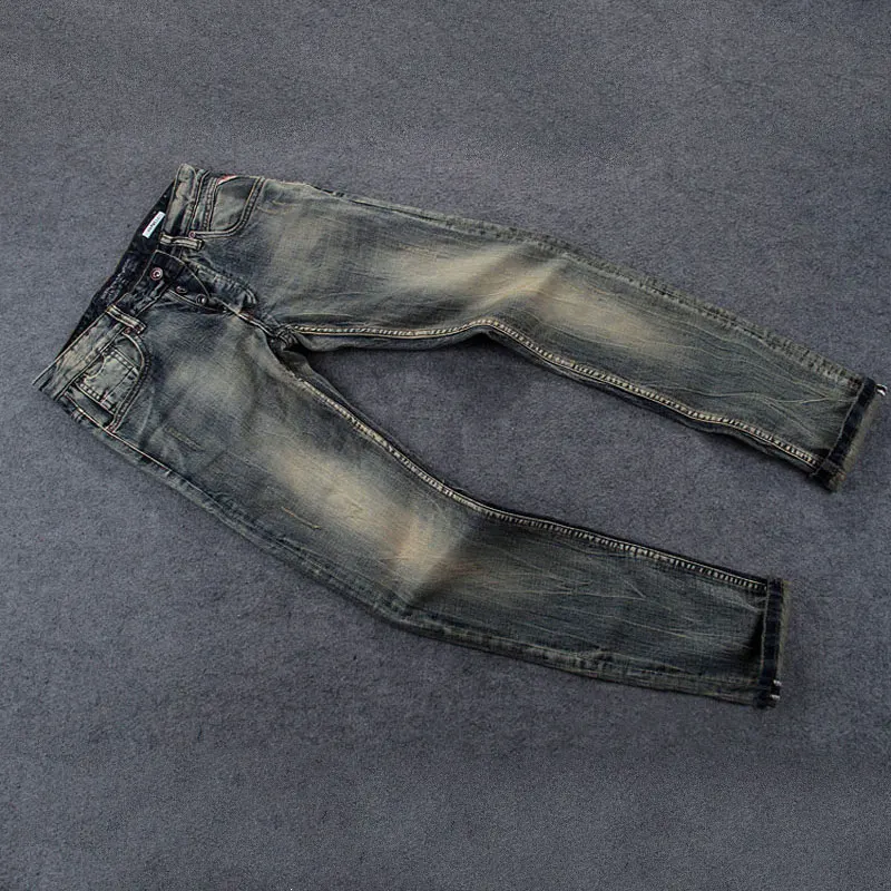 Italian Style Fashion Men Jeans Retro Washed High Quality Stretch Slim Fit Ripped Jeans Men Vintage Designer Buttons Denim Pants