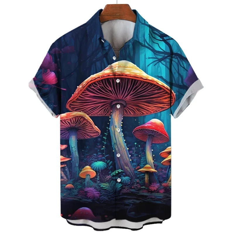 Summer Shirt For Men Mushroom Magic Floral 3d Print Harajuku Short Sleeve Streetwear Casual Lapel Buttons Tops Womens Clothes