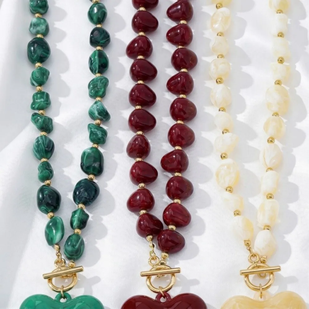 Fashion Boho Resin Beaded Green/Red/Cream Apricot Color Chic Chunky Heart Pendant Toggle Clasp Women Jewelry Gift