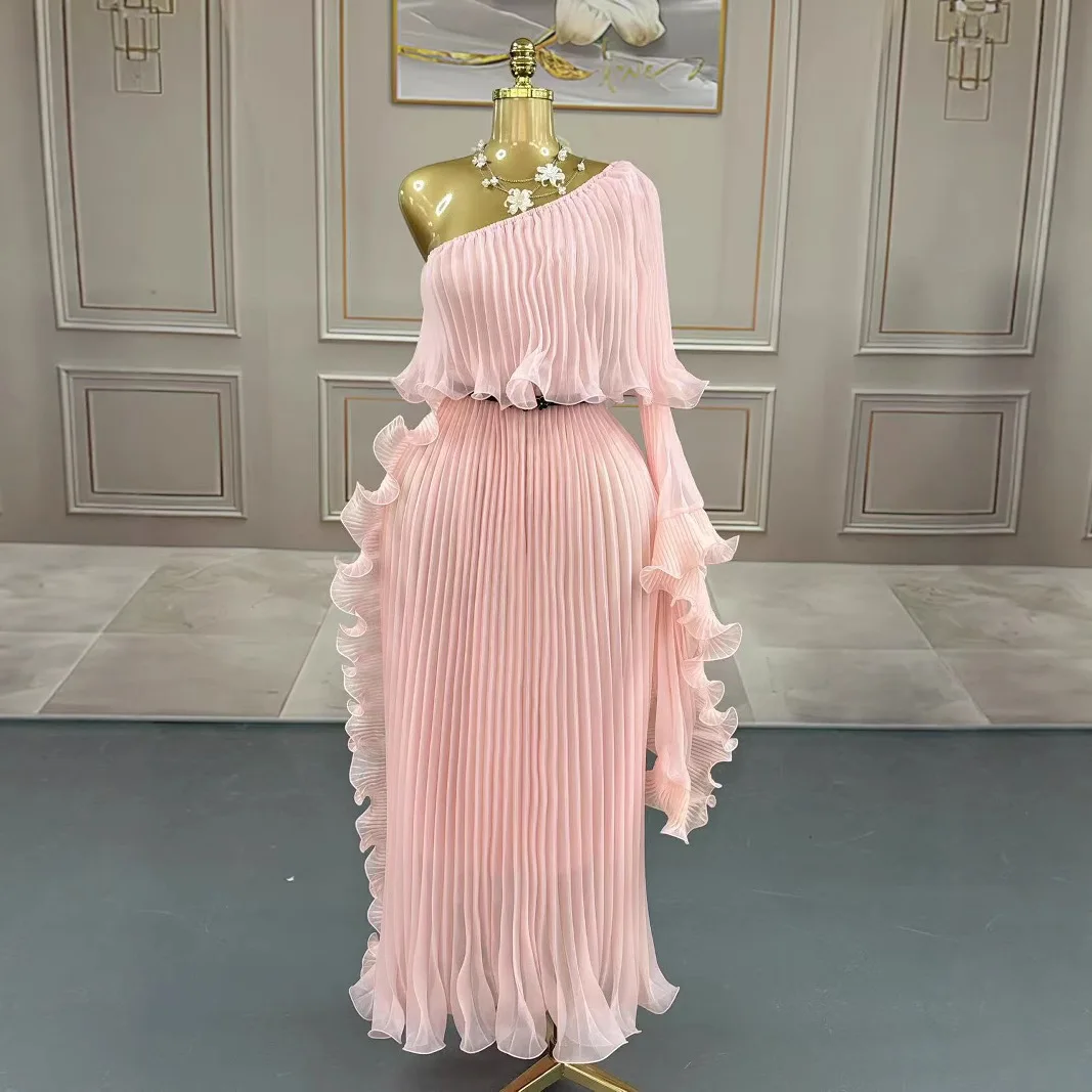 Miyake Dress2025 New Miyake Pleated Lotus Leaf Dense Edge Design Slanted Shoulder Single Sleeve Dress Women