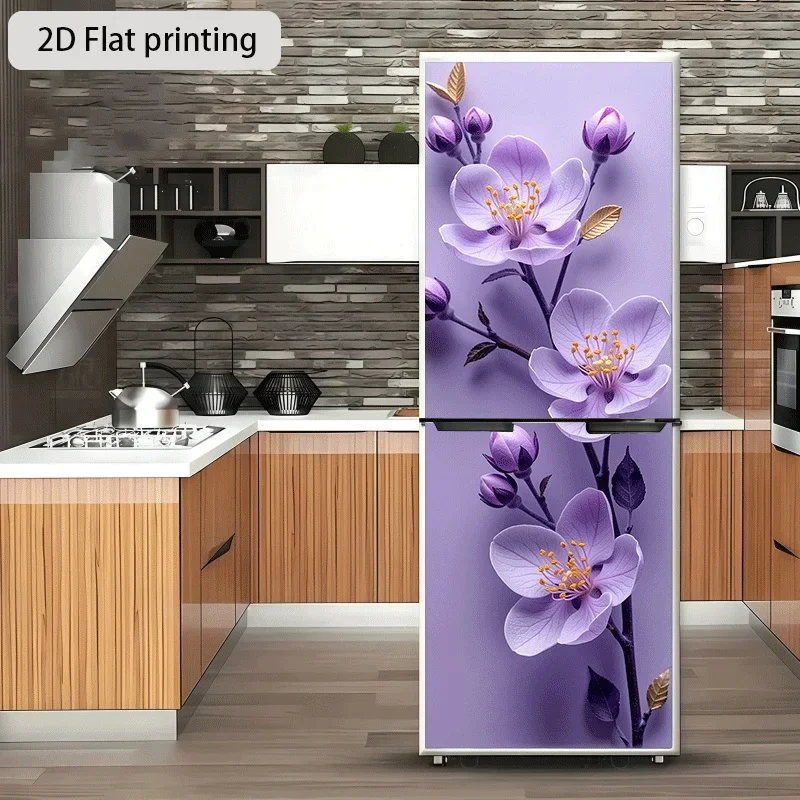 Refrigerator Sticker, Purple Branches with Pink Flowers Theme Design, Self-Adhesive Wall Decal Wallpaper, Suitable for Cabinet