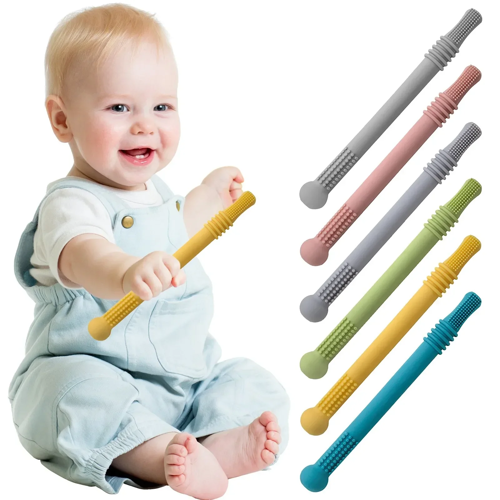 

Newborn Hollow Teething Tube Baby Silicone Teether Stick Biting Chewing Straws Nursing Soother Molar Toy Gift for Infants