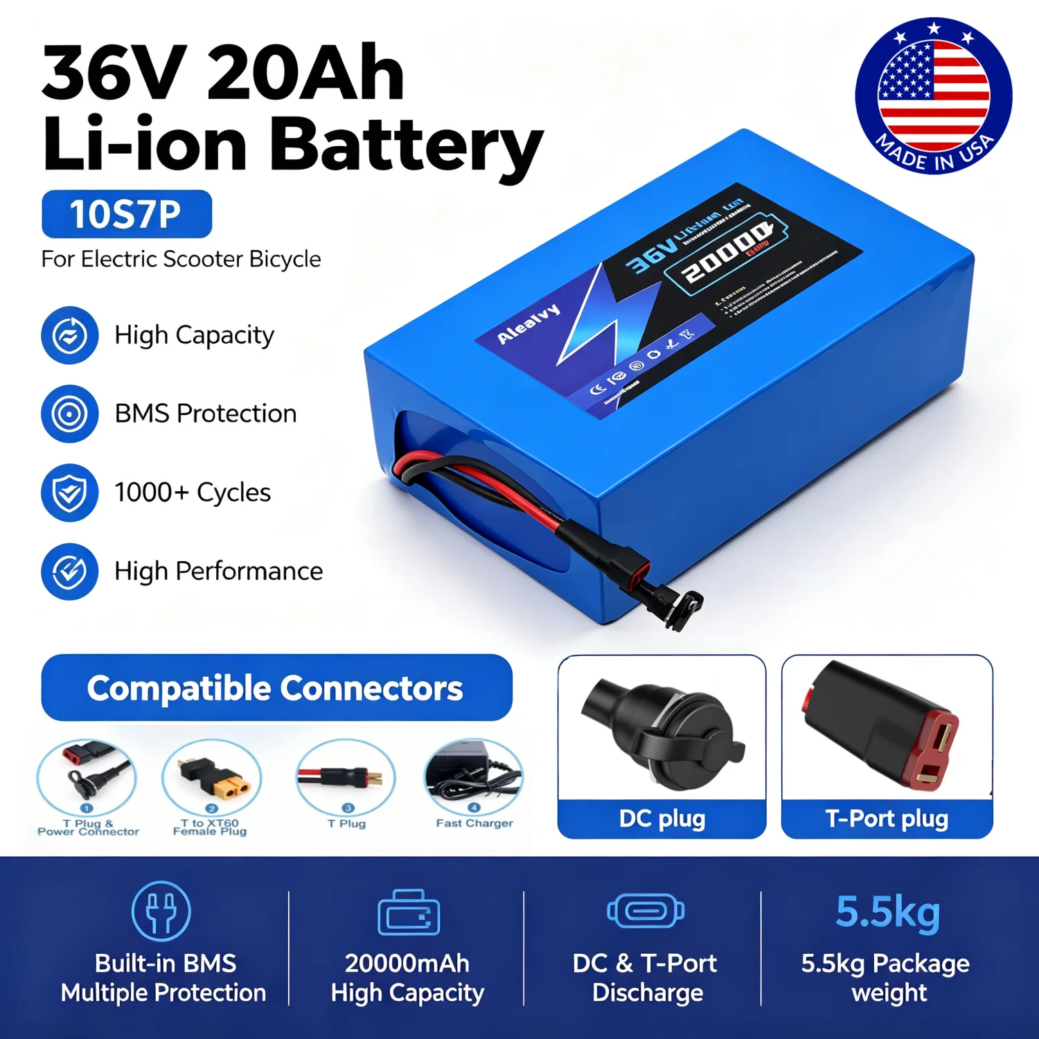 36V 20Ah 16Ah 10Ah Lithium Battery Pack 10S7P 18650 Rechargeable Li-ion Battery for Electric Scooter E-bike MTB Bicycle 1000W Motor Replacement Battery with Intelligent BMS Protection High Capacity Long Range Power Supply US Stock Fast Shipping