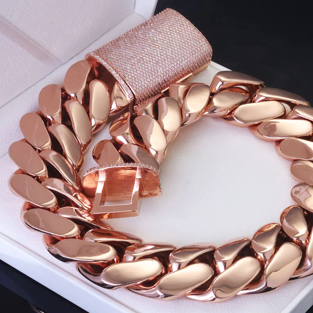 NUOYA Hip Hop Jewelry 30/40mm Chunky Miami Cuban Link Chain VVS Moissanite Clasp Rose Gold Plated Brass Chain Necklace in Stock.