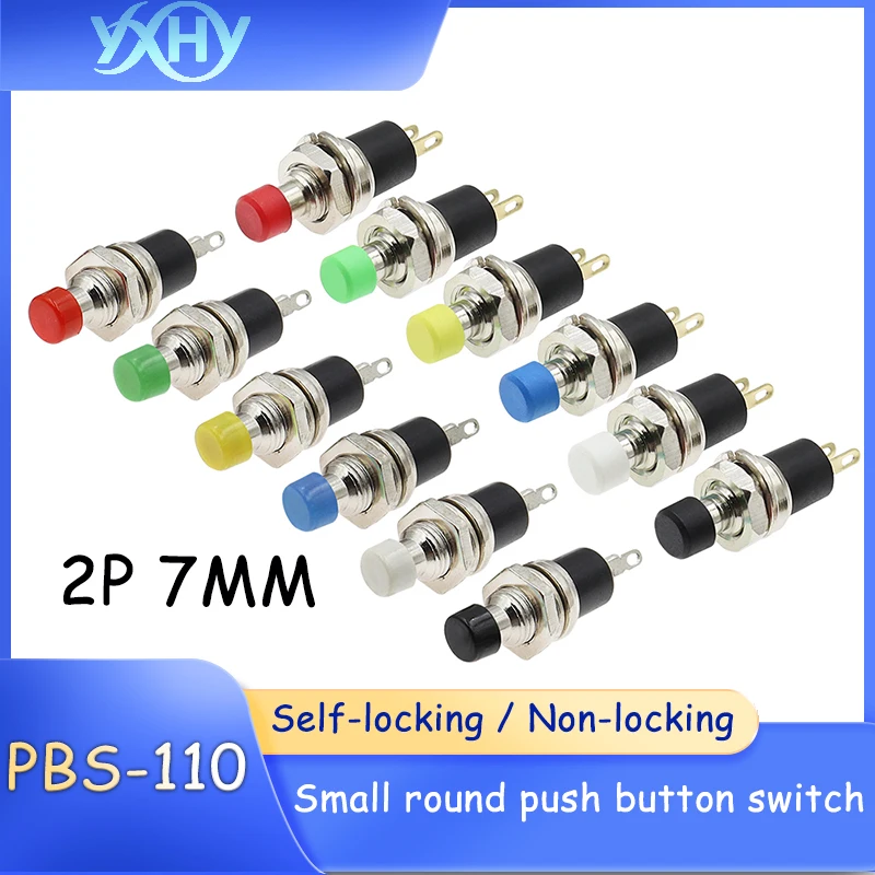 10pcs Small round button PBS-110 2-pin self-reset and self-locking 7MM switch momentary power button switch with copper pins