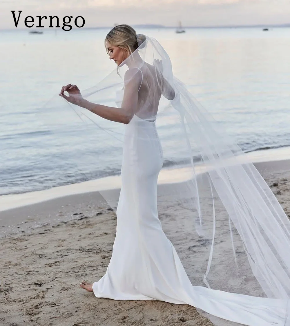 Verngo lvory Crepe Beach Wedding Dress 2024 Simple Spaghetti Straps Mermaid Bridal Gowns Backless Botton Bride Gowns