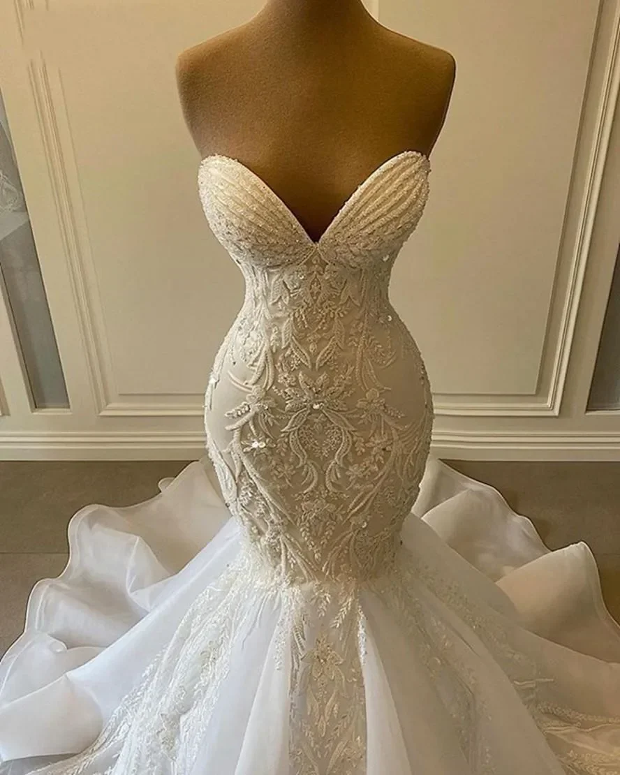 Customized Sweetheart Mermaid African Wedding Dresses Luxury Beaded Embroidery Women White Organza Bridal Wedding Gowns