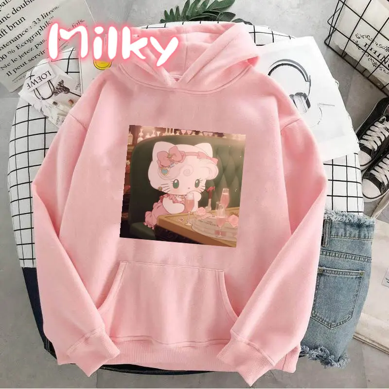 2024 New Fashion Women Hoodie Hello Kitty Hoodies Spring Autumn Pink Hoodie Sweatshirt Clothes Tops Clothing Oversized Pullover