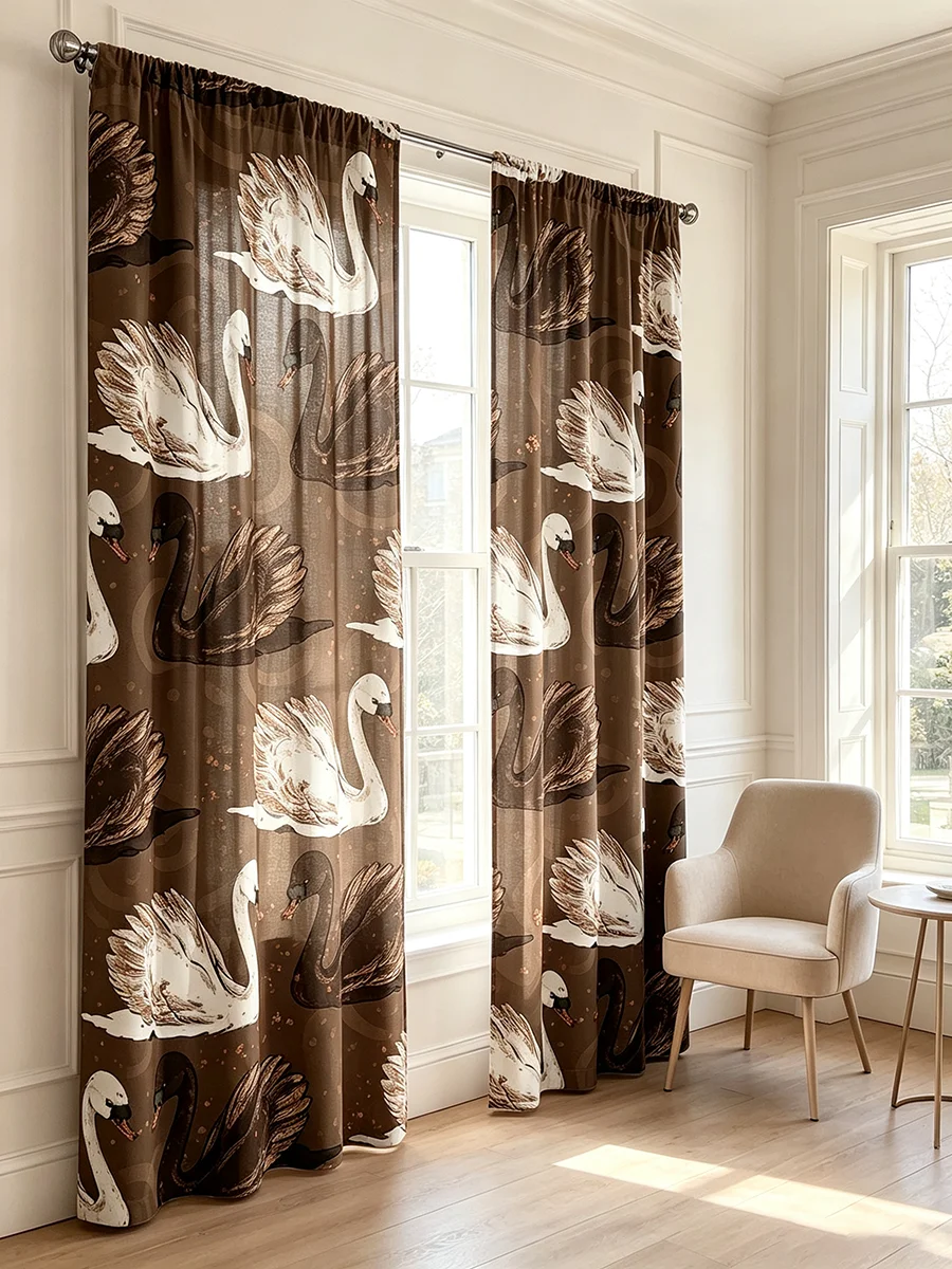 2PCS Brown Swan Print Curtains, Elegant Animal Pattern Window Drapes for Living Room Bedroom Home Decor