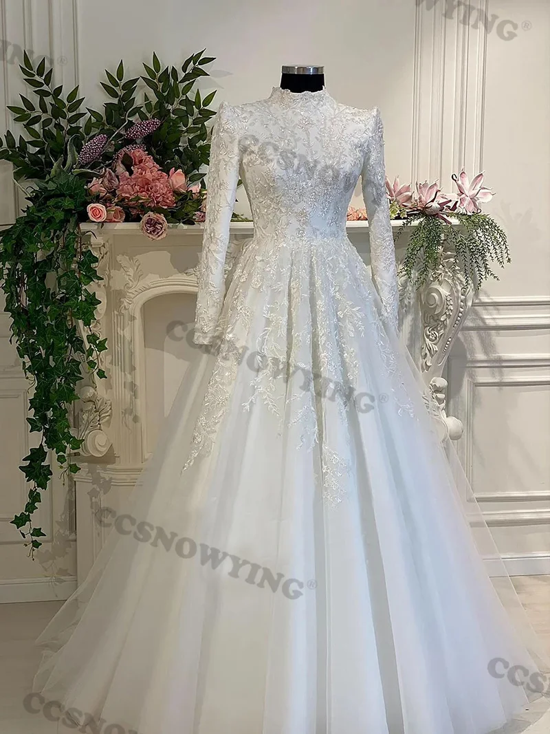 Luxury Organza Appliques Wedding Dress for Bride Long Sleeve High Neck Dubai Arabic Hijab Muslim Bride Gown Vestidos De Novia