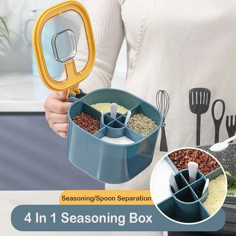 4In1 Spice Jar Seasoning Box with Spoon Multi Compartment Salt Pepper Spice Condiment Container Jars Pots Kitchen Accessories