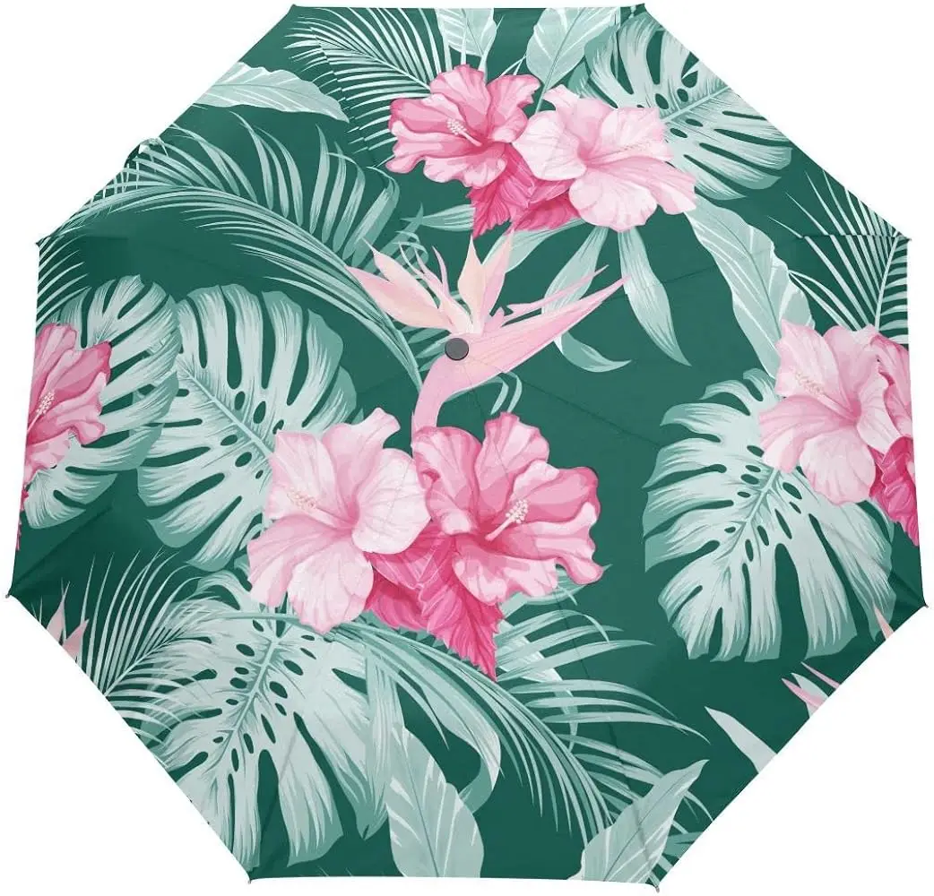 

Складной зонт с тропическими растениями и пальмовыми листьями, цветочным цветочным узором, дорожный компактный зонт от солнца и дождя, уличный зонтик для девочек-подростков