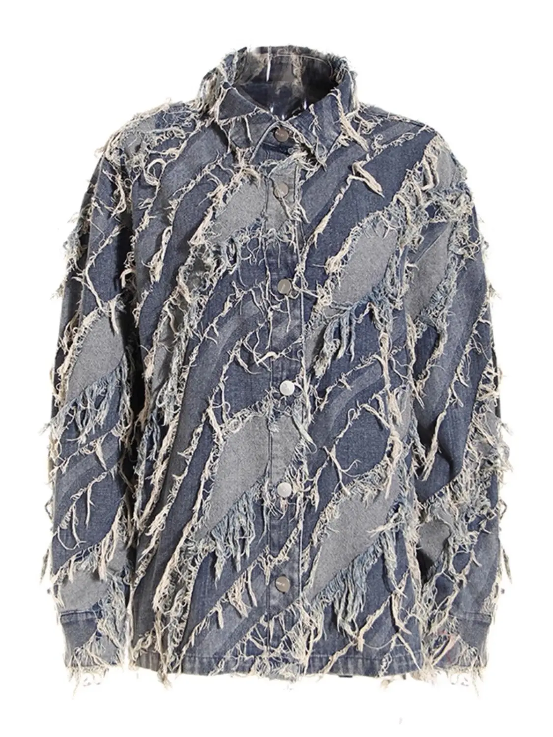 

Spring And Autumn Designer Style Celebrity Same Color Block Washed Tassel Fur-Edged Denim Shirt Jacket Jacket Men'S Women'S
