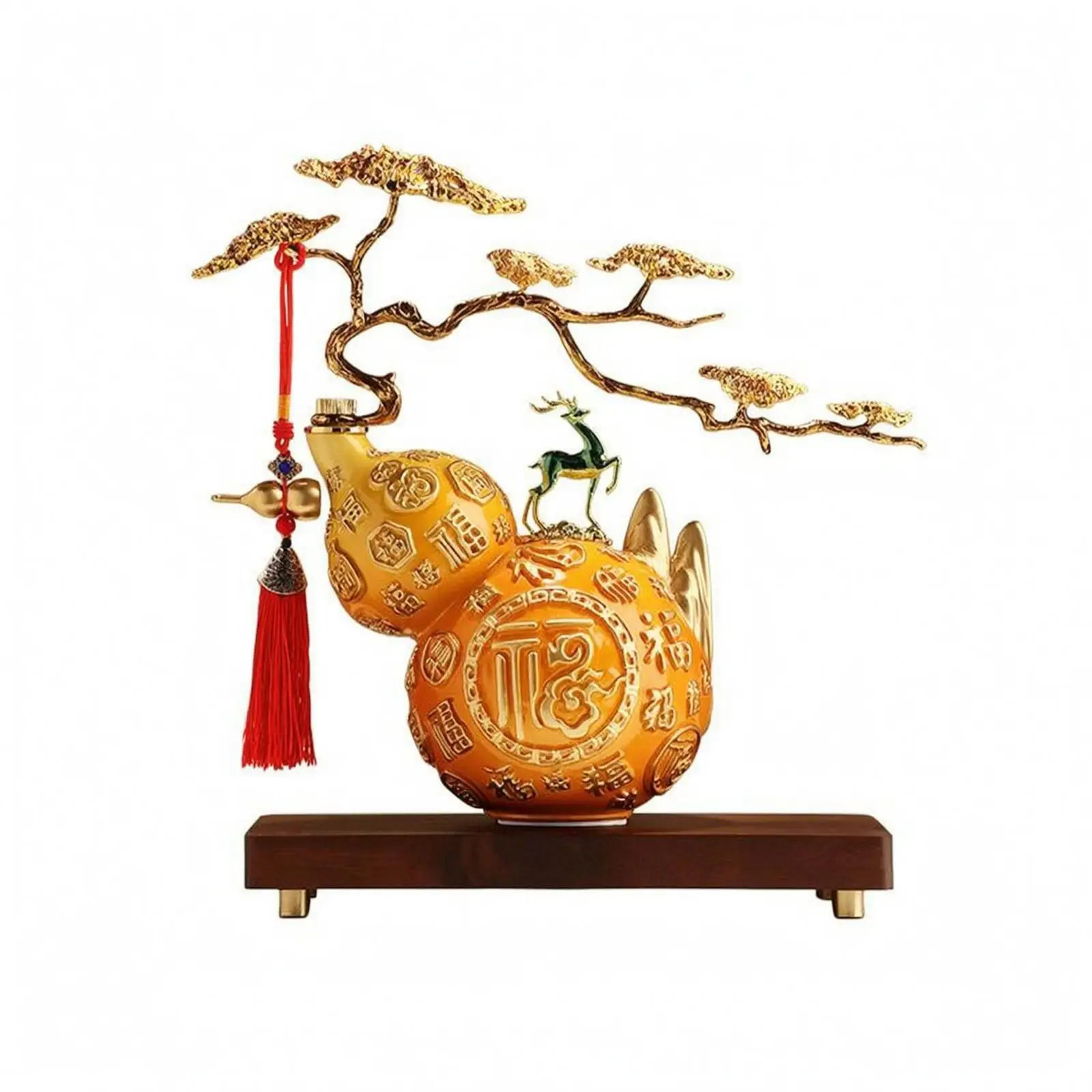 Wood Base Ornament Conifer Branch Motif Resin Gourd Ornament