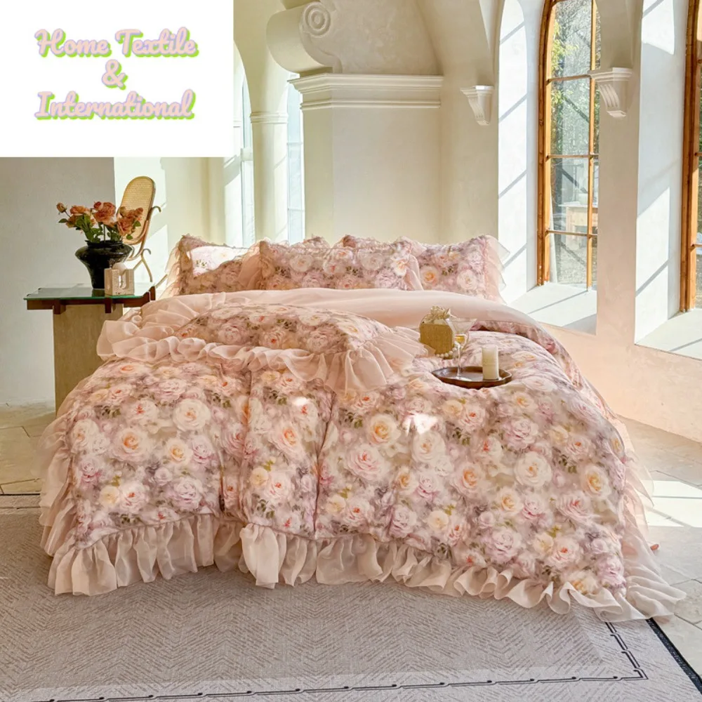 Floral Ruffled Duvet Cover Set - Silky Princess Style Lace Bed Skirt Quilt Cover Pillowcase, Luxury Bedding Sets​
