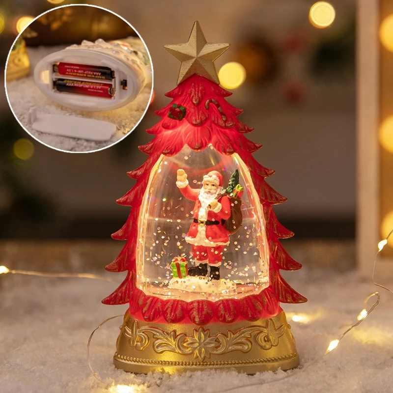 LED Christmas Tree Snow Globe Lamp with Santa Claus Snowing Glitter Effect Night Light Tabletop Ornament Xmas Home Holiday Decor