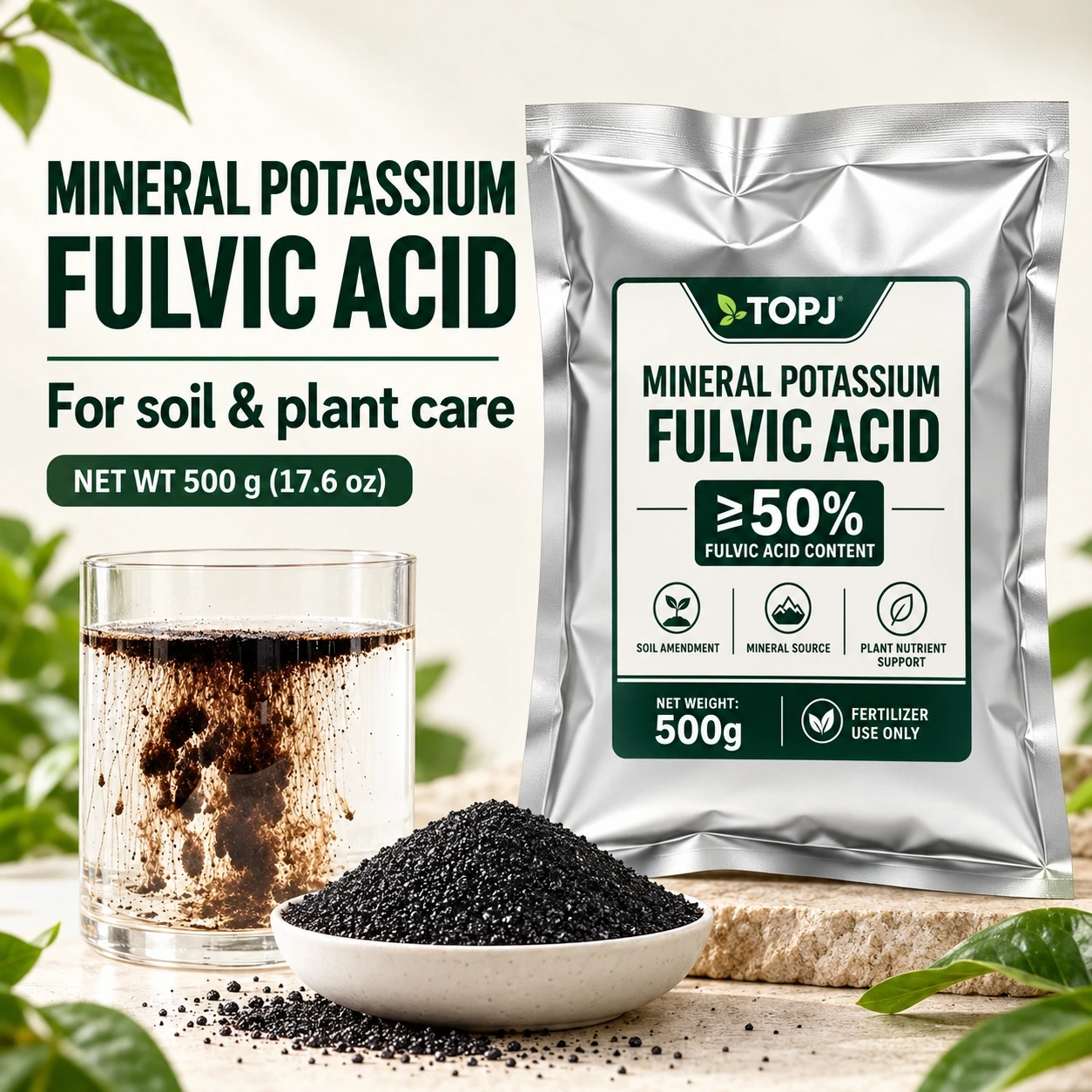 Topj Potassium Fulvic Acid Mineral Source, Fulvic Acid 50%, Water Soluble Soil Amendment Organic Nutrient For Farm Garden Hydrop