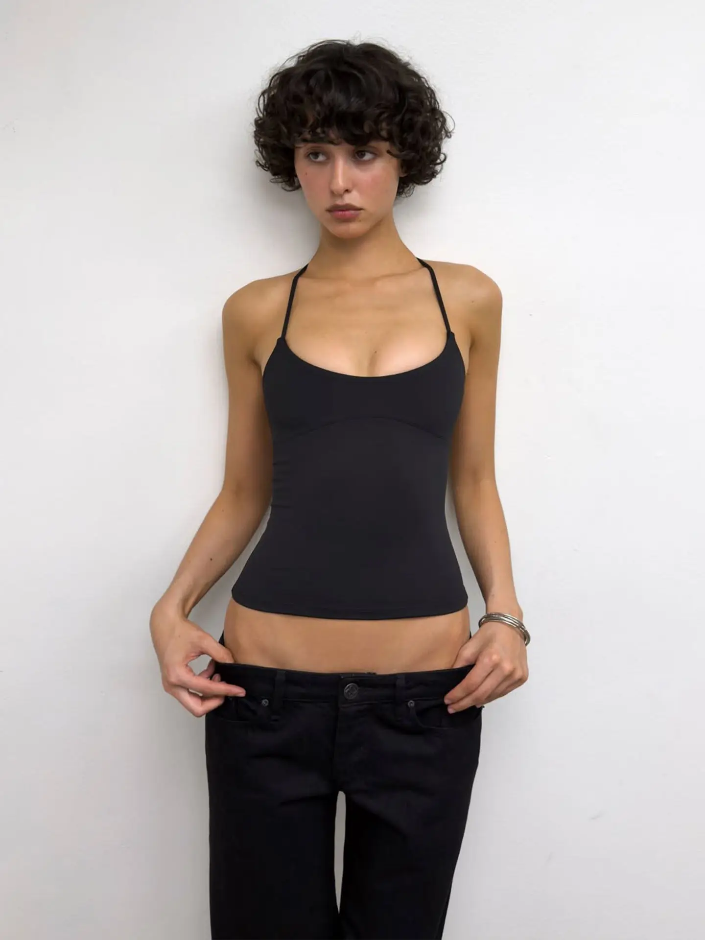 Tank 26 Summer New Arrival Celadon Green Cross-Back Halter Neck Crop Top with Cinched Waist and Shoulder Straps
