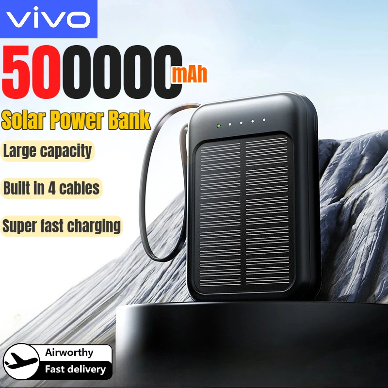VIVO 500000mAh Solar Power Bank High Capacity Super Fast Charging Portable External Battery Built in 4 Cables for iPhone Huawei