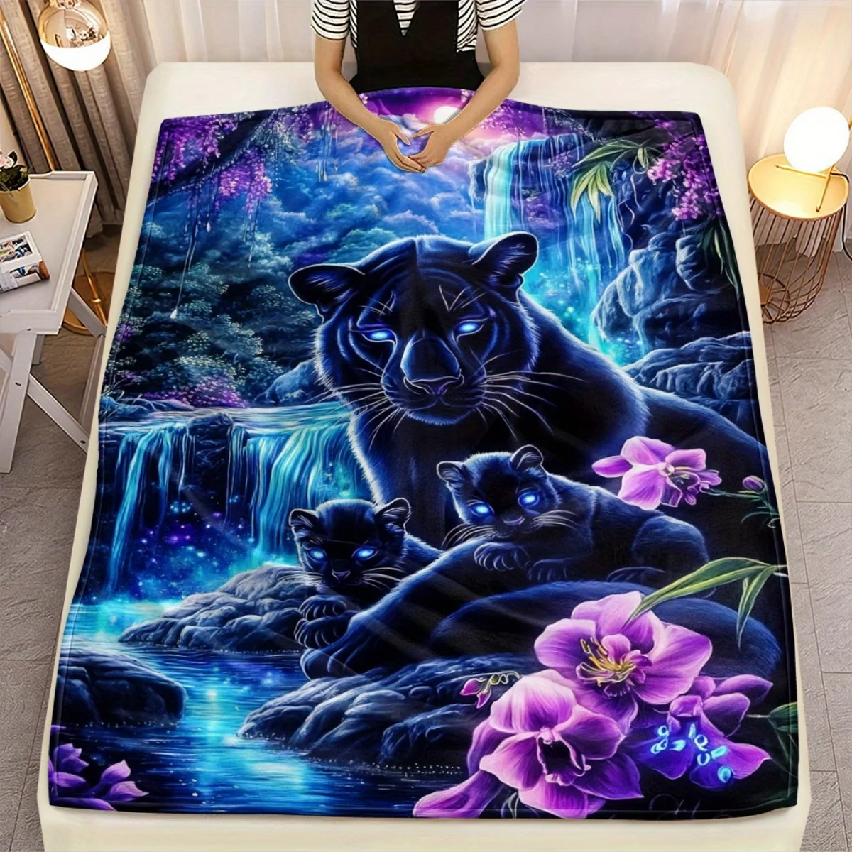 1pc Mystic Black Panther Family Flannel Blanket Night Forest Wildlife Art Soft Throw Home Decor Blue Glow Pattern Comforter