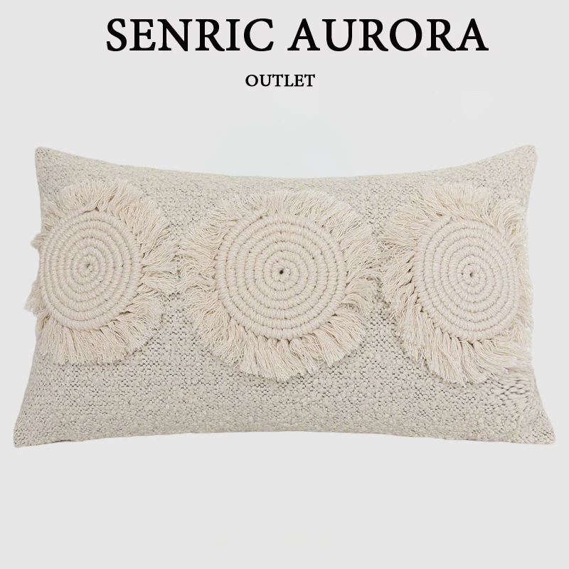 Moroccan Patchwork Geometry Tufted Lumbar Pillow Cover Natural Beige Cotton Linen Accent Cushion Case Chic Home Decor