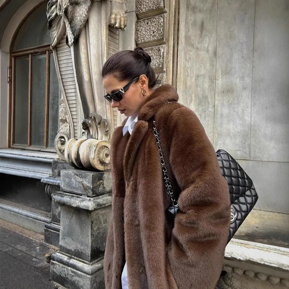 Faux Nerz Pelz Mäntel Frauen Solide Lange Pelz Jacken Tasche Revers Kragen Lange Ärmel Offenen Stich Lose Beiläufige 2025, Herbst winter