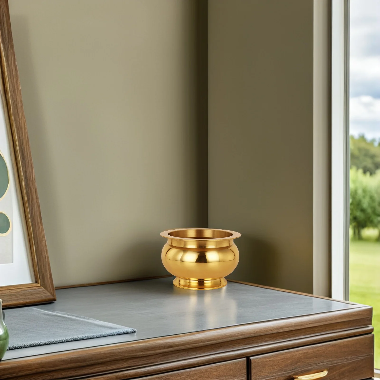 

1pc Copper Incense Burner Full Copper Censer Religious Buddhism Decor Round Shape Desktop Incense Holder Container