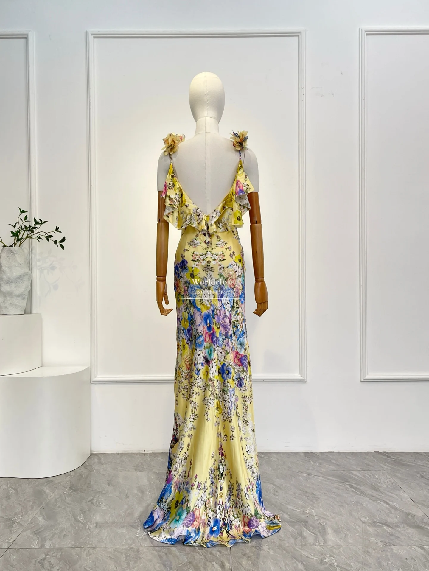 

2026 Multi-Color Floral Print Yellow Deep V-Neck Open Back Appliqued Shoulders Ruffle Trim Fitted Mermaid Women Maxi Dress