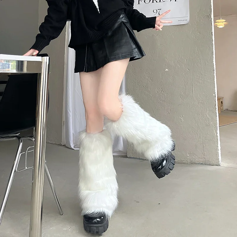 1-2Pairs Y2K Slouch Socks Women Faux Fur Leg Warmers Black White Knit Lolita Style Autumn Winter Fashion Legwear Outdoor Daily W
