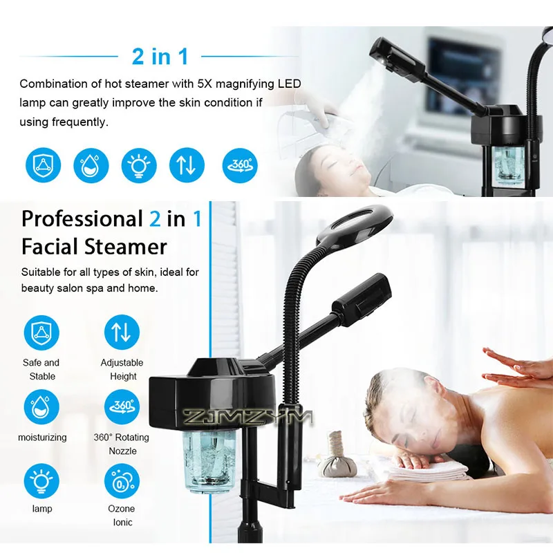 2 in 1 Hot Ozone Facial Steamer with 5X LED Magnifying Lamp Rolling Stand Beauty Salon Skin Care Machine