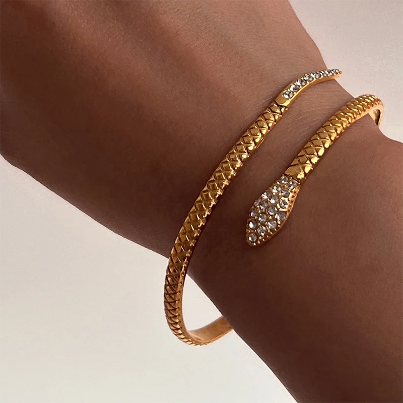 

Cz stone pave snake open bangles for women stainless steel bangles minimalist dainty stainless steel jewelry non tarnish