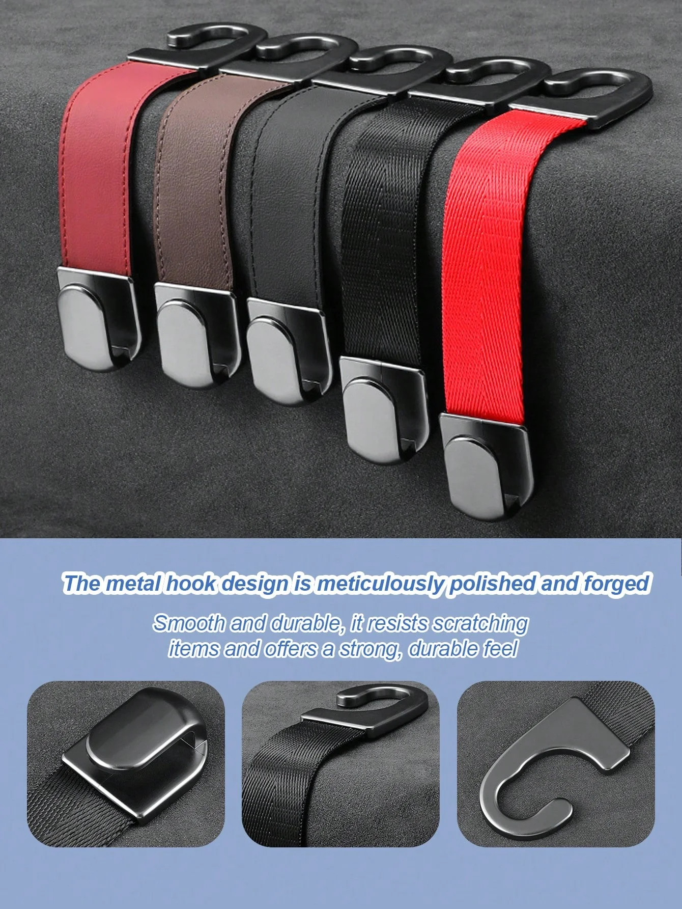 خطاف خلفي لمقعد السيارة مخفي، معدن وجلد قوي، منظم خلفي (حقائب ظهر/زجاجات/حقائب)، قابل للطي، مصنوع من خليط معدني مقاوم للخدش #6