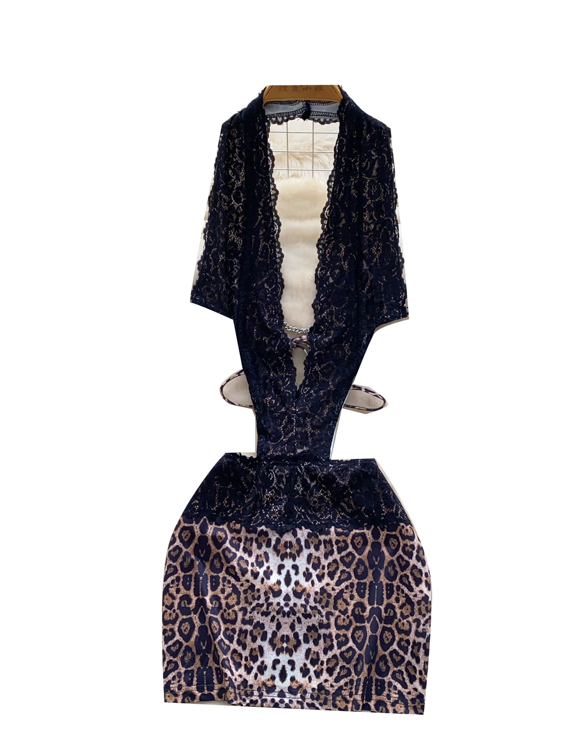Femmes Sexy évider profonde v-ne dentelle Patchwork ceinturé imprimé léopard moulante Dr coréen Sle taille haute été Dr