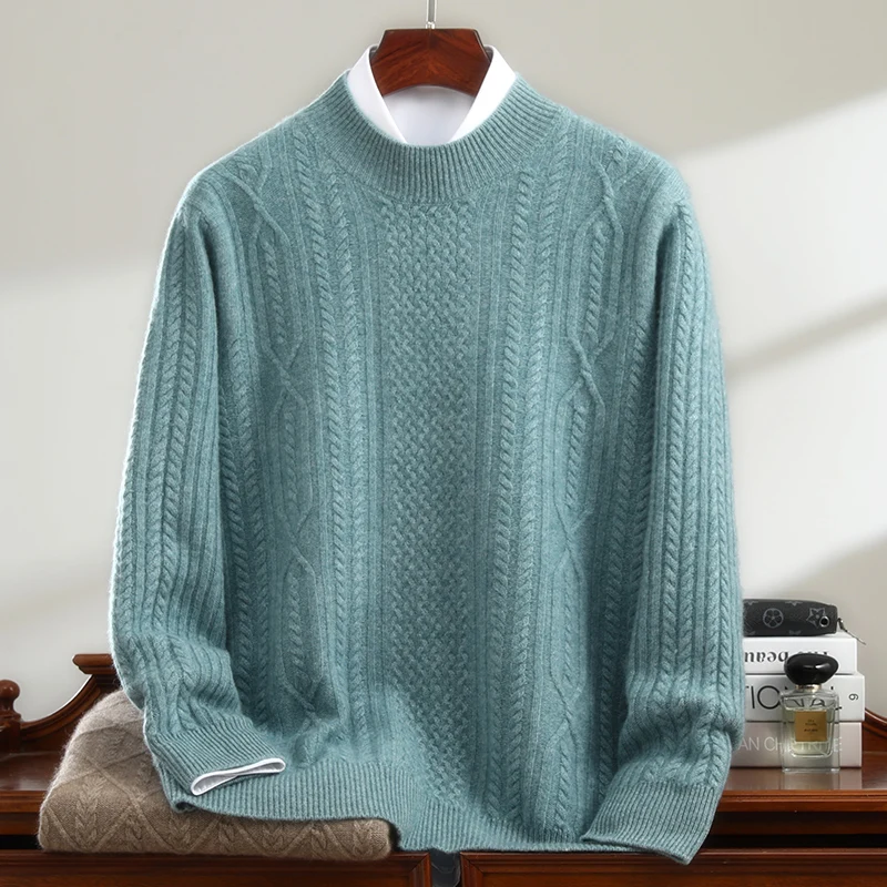 

Men's Semi-High Collar 100%Cashmere Knitted Sweater Winter New Jacquard Thicken Pullover Fashion Loose Solid Color High-End Tops