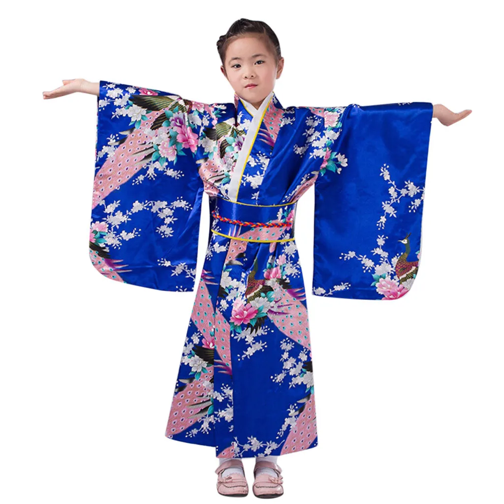 4-10 Year Loose Style Japanese Satin Peacock Print Dress Toddler Kids Baby Girls Outfits Clothes Kimono Robe Traditional Costume