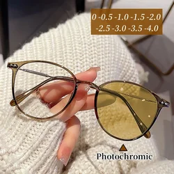 Damskie modne okrągła oprawka fotochromowe krótkowzroczne okulary Unisex bez dioptrii okulary na receptę-0.5 1.0 -1.5 do-6.0