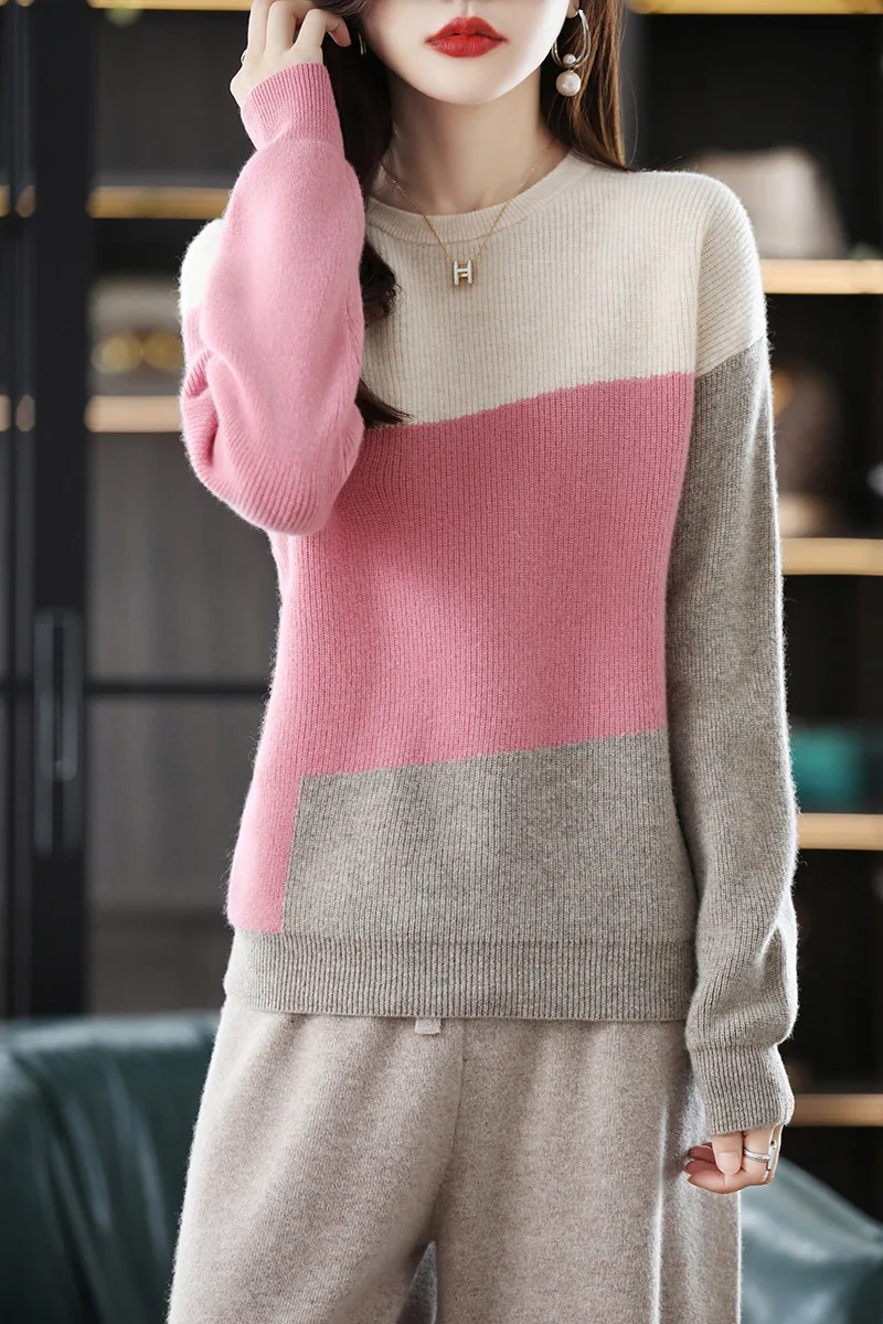 Fashion 100% Merino Wool Sweater Color-blocking O-Neck Cashmere Women Pullover Long Sleeve Comfort Leisure Clothing Tops