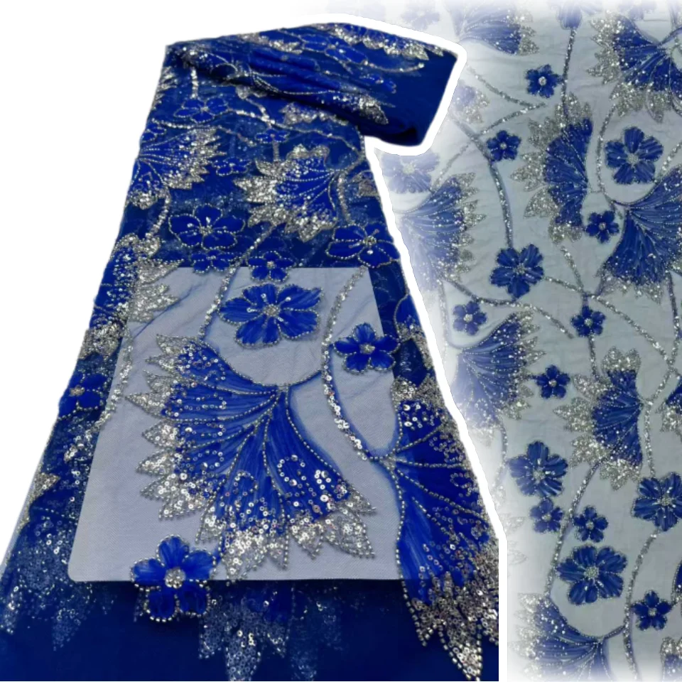 

High-quality African Nigerian Elegant 3D Flowers Embroidered Fabric French Tulle Lace Fabric with Sequin for Party Wedding S1273