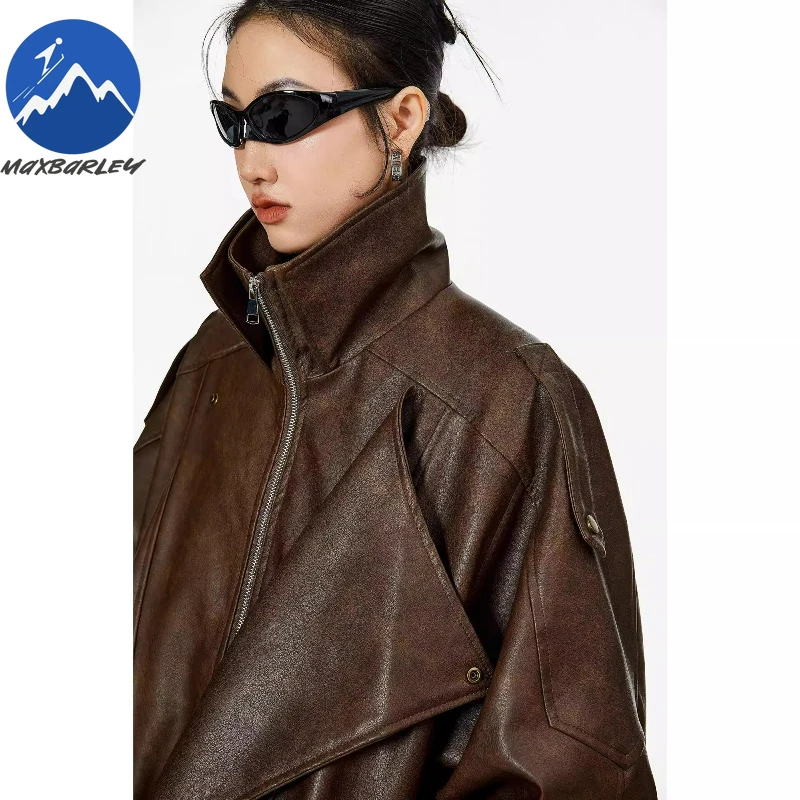 Giacca in pelle Maxbarley Giacca corta oversize in ecopelle PU retrò femminile con cintura Cappotto da motociclista con cerniera streetwear