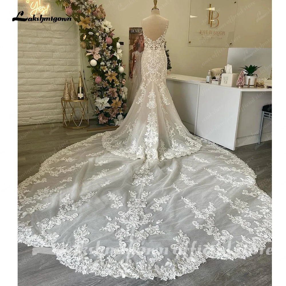 

Lakshmigown Ivory Mermaid Wedding Dresses Lace Appliques Tulle Bridal Gowns with Court Train Sweetheart Straps Customized
