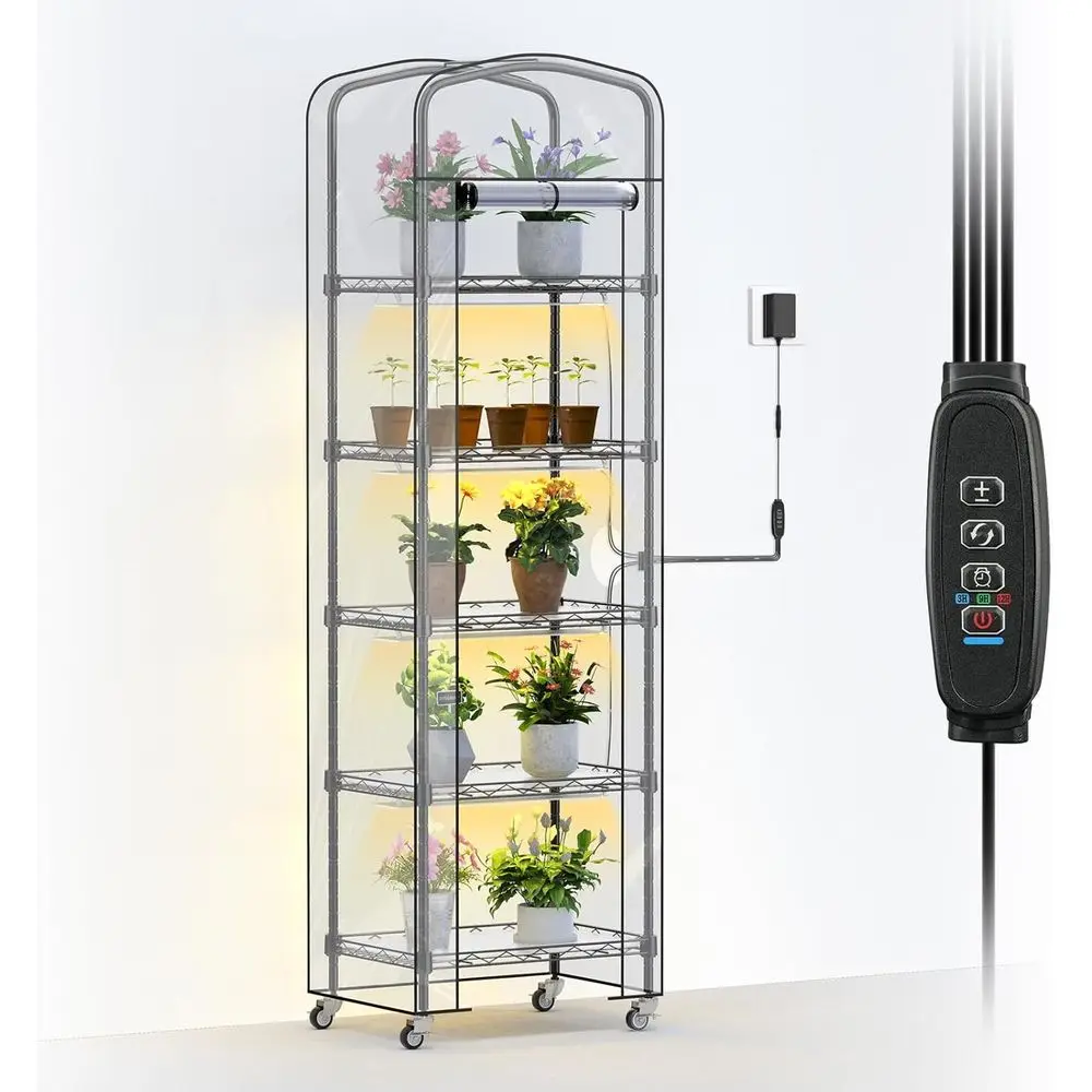 

Mini Greenhouse with Grow Light, Shelf Height Adjustable Metal Plant Shelf with PVC Cover and Wheels, Includes 4-Pack Full Spect