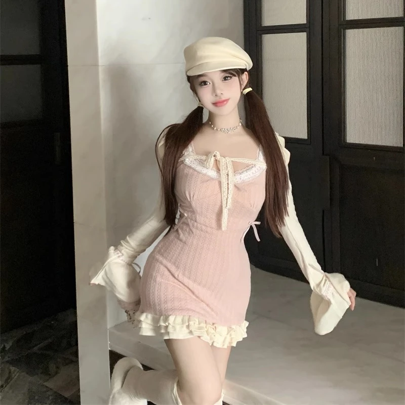 Lace Japanese Sweet Lolita Two Piece Set Women Bow Kawaii Party Mini Dress Suit Female Korean Fashion Princess Set Winter 2023