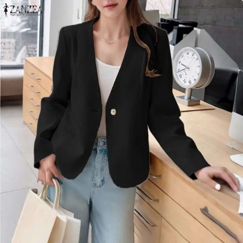 ZANZEA 春軽量ブレザー女性のためのカジュアル V ネック長袖ソリッドカラースーツジャケット女性服通勤オフィスウェア