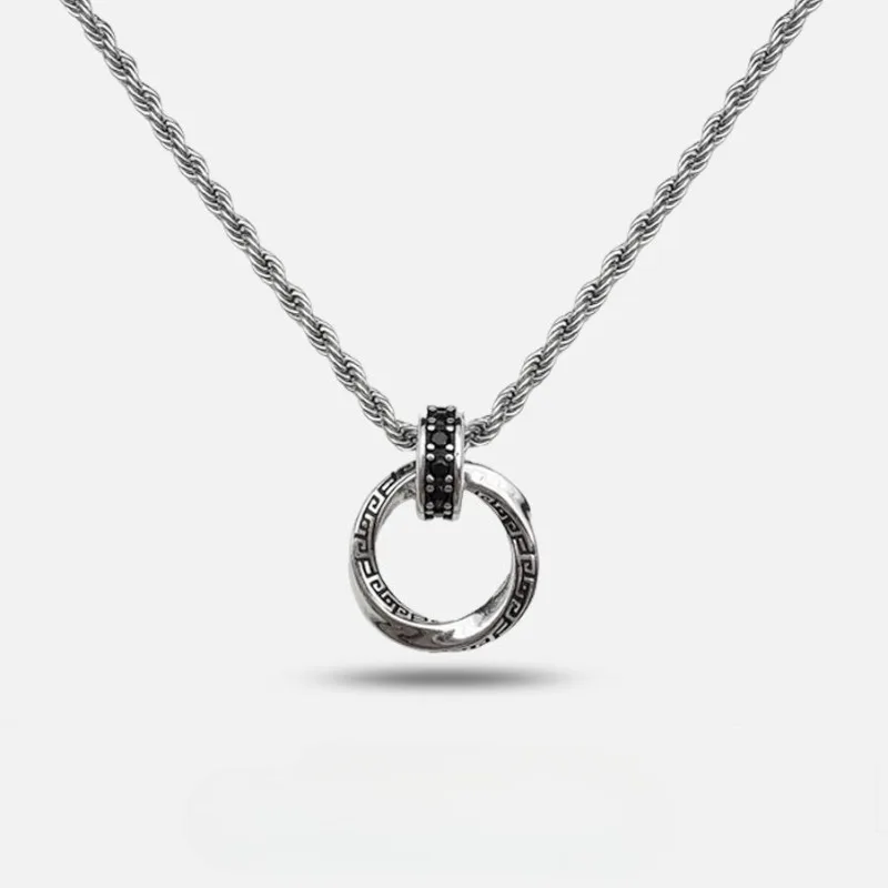 Vintage Stainless Steel Mobius Ring Pendant Necklace Black CZ Inlaid Engraved Pattern Twist Rope Chain Gothic Streetwear Jewelry