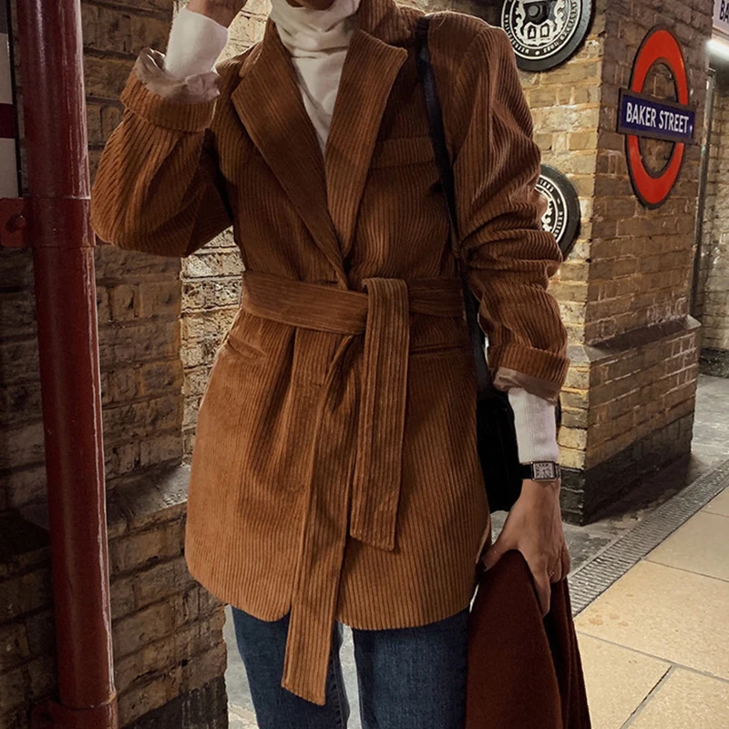 

Chic Autumnal Vintage Tailored Waist-Cinching Long Sve Corduroy Suit Jaet Women's Faion Commute Sle Loose Fit
