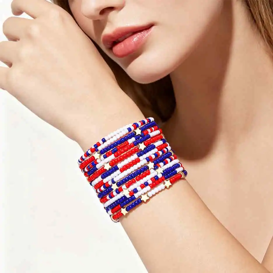 Pulseras Apilables con Cuentas Rojas, Blancas y Azules para Mujer, Juego de Pulseras con Dijes de Estrellas de la Bandera Americana, para el 4 de Julio, Día de la Independencia