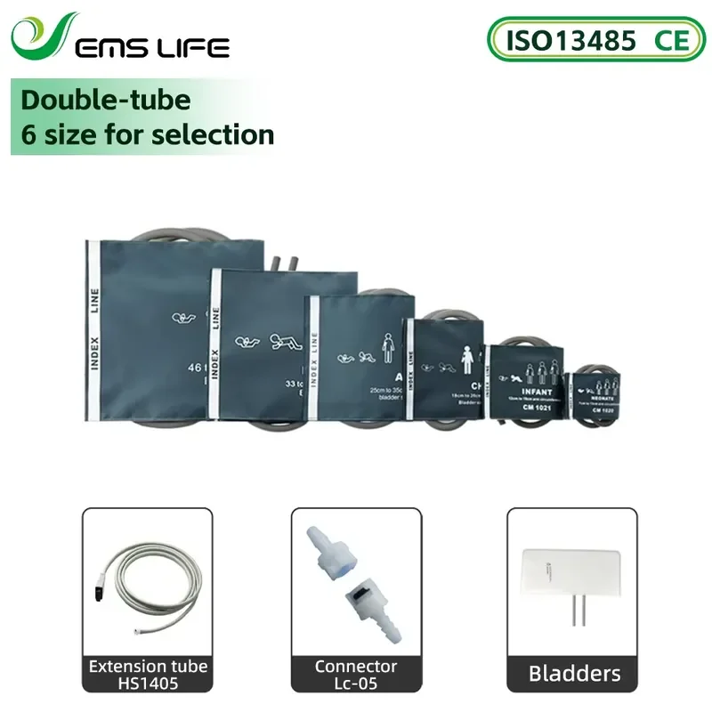 

EMSLIFE NIBP Pressure Cuff 6size Set with TPU Bladder and Double Tube Adapter for GE Dash2000/3000/Pro1000 Patient