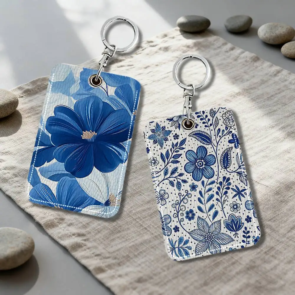 Blue Flowers Keyring Leather Access Card Holder Keychain Community Proximity Card Protective Case